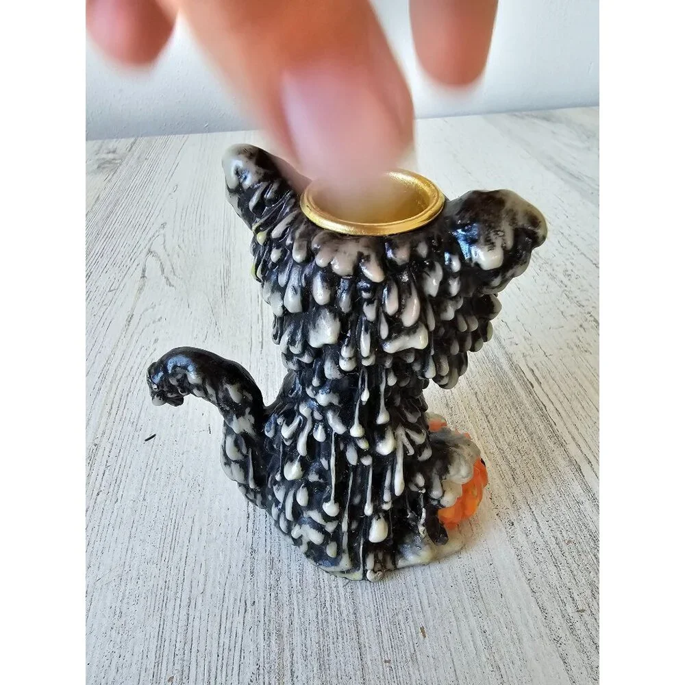 Vintage melted candle cat holder stick pumpkin jack-o'-lantern‎